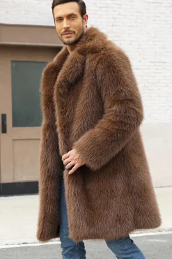 Brown Faux Fur Notched Lapela Long Men's Winter Coat