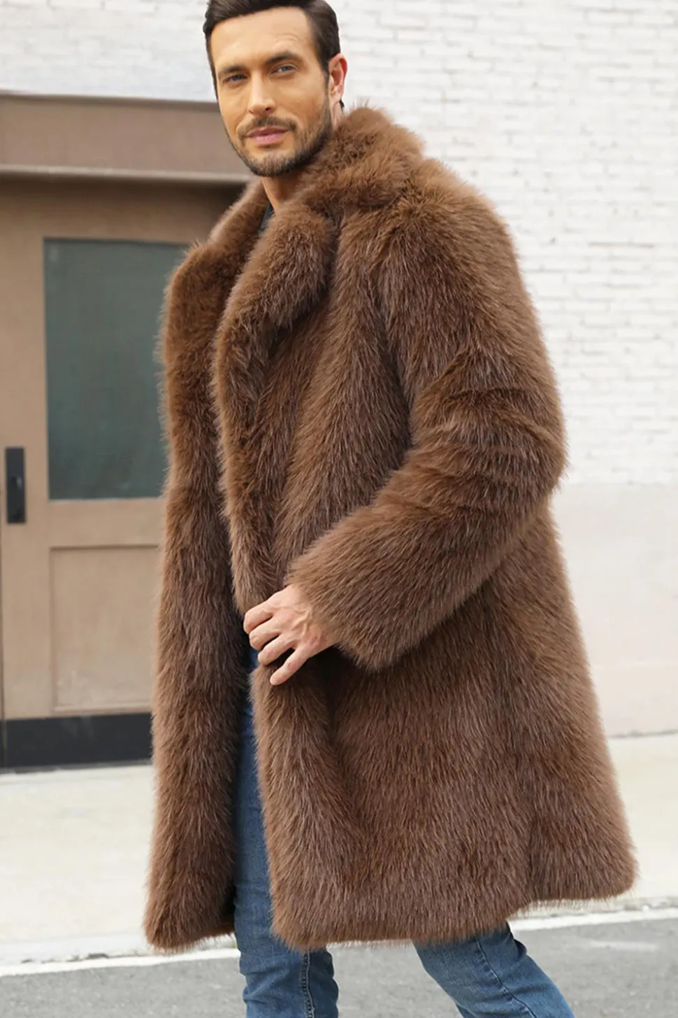Brown Faux Fur Notched Lapela Long Men's Winter Coat