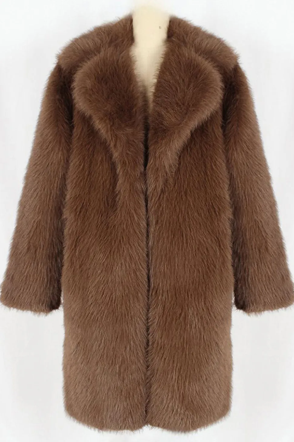 Brown Faux Fur Notched Lapela Long Men's Winter Coat