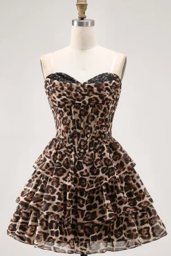 Brown Leopard A-Line Sweetheart Corset Tiered Ruffle Homecoming Vestido