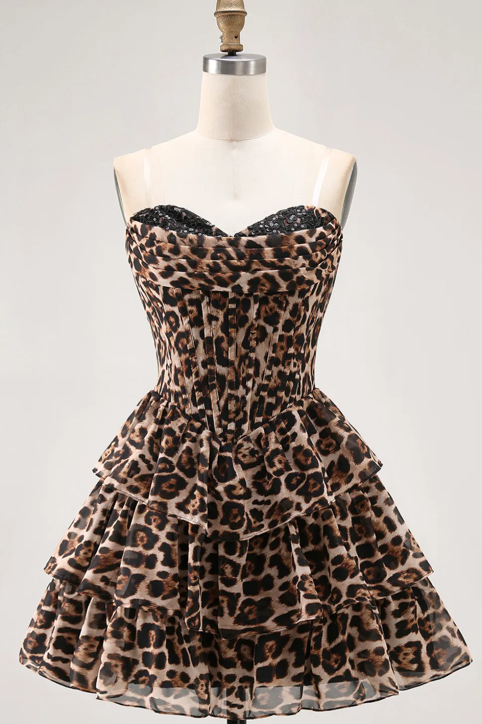 Brown Leopard A-Line Sweetheart Corset Tiered Ruffle Homecoming Vestido