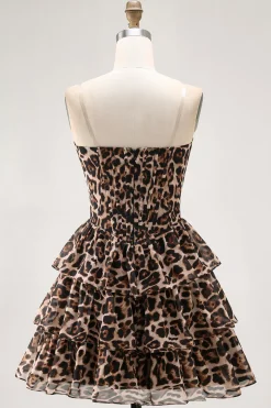 Brown Leopard A-Line Sweetheart Corset Tiered Ruffle Homecoming Vestido