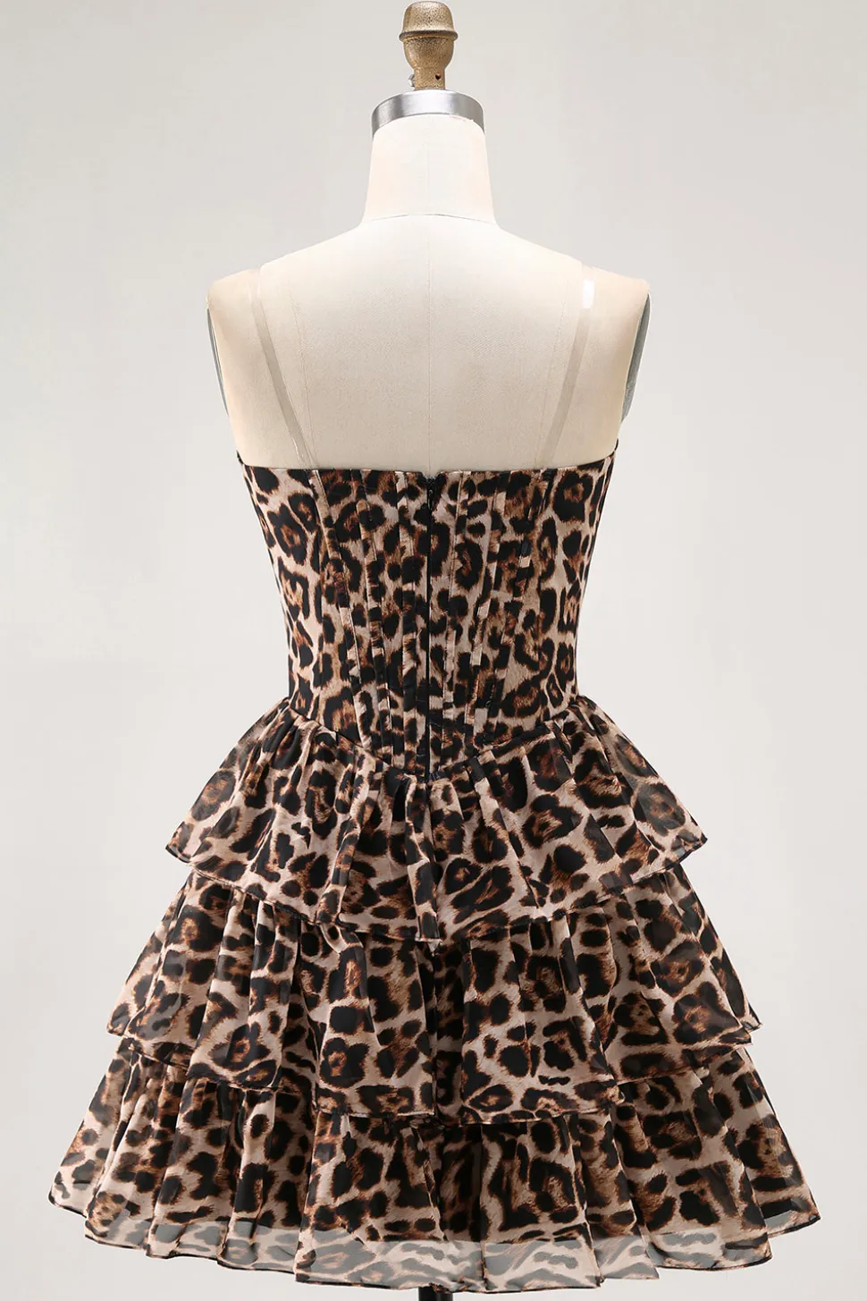 Brown Leopard A-Line Sweetheart Corset Tiered Ruffle Homecoming Vestido