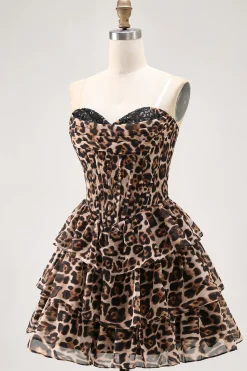 Brown Leopard A-Line Sweetheart Corset Tiered Ruffle Homecoming Vestido