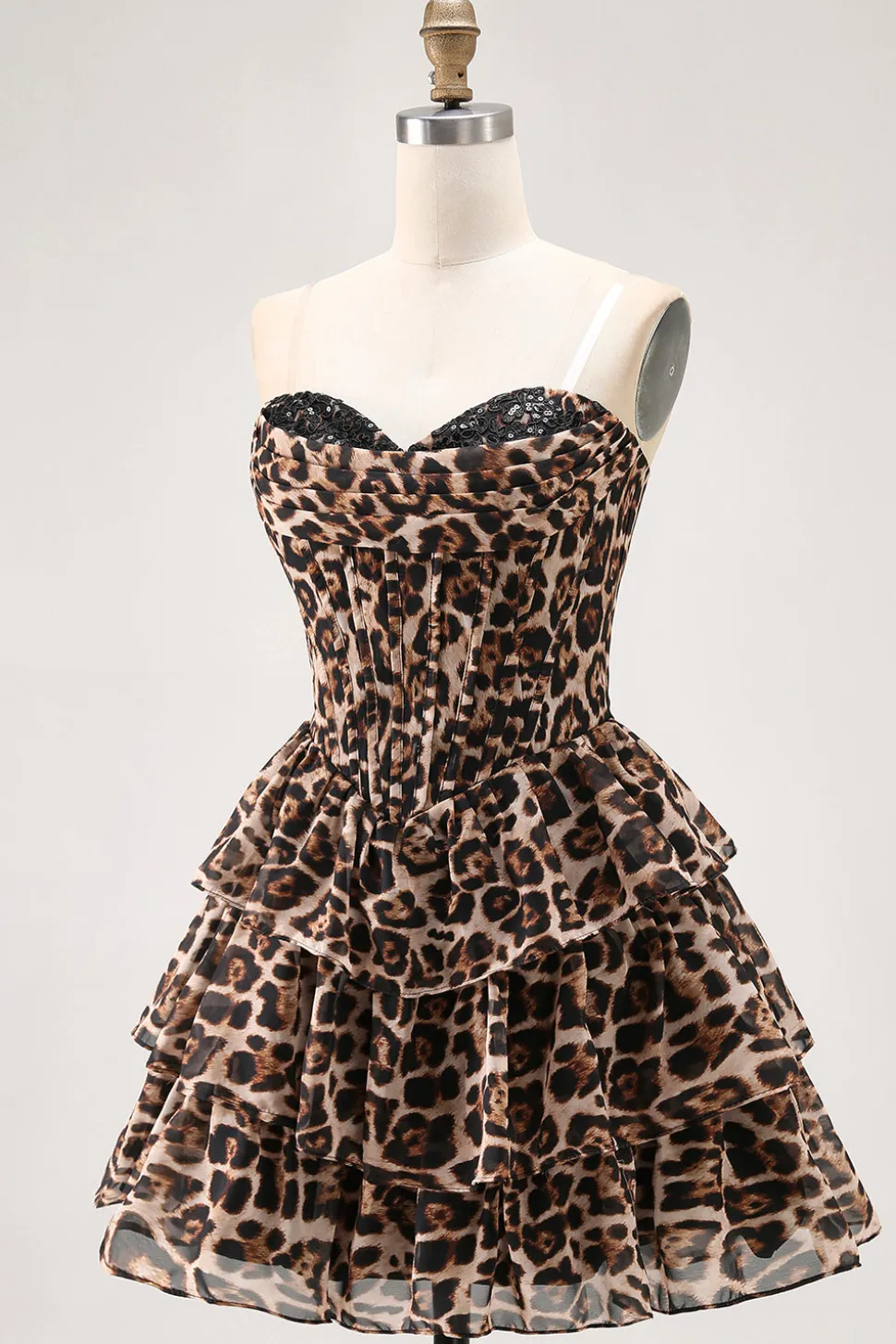 Brown Leopard A-Line Sweetheart Corset Tiered Ruffle Homecoming Vestido