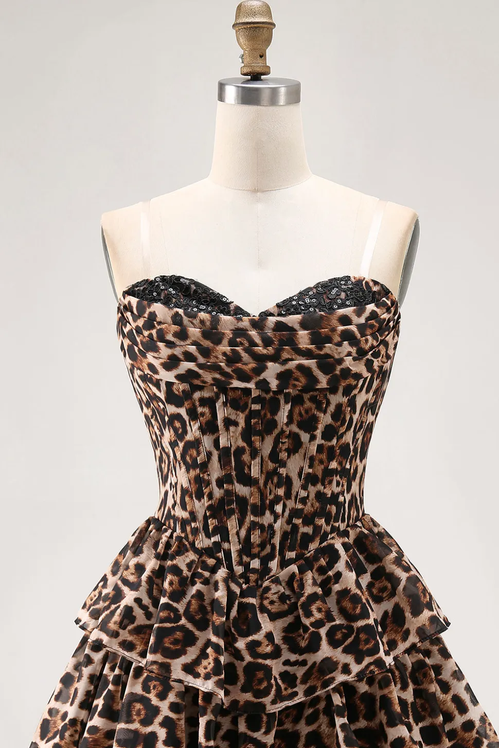 Brown Leopard A-Line Sweetheart Corset Tiered Ruffle Homecoming Vestido