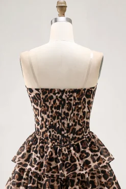 Brown Leopard A-Line Sweetheart Corset Tiered Ruffle Homecoming Vestido