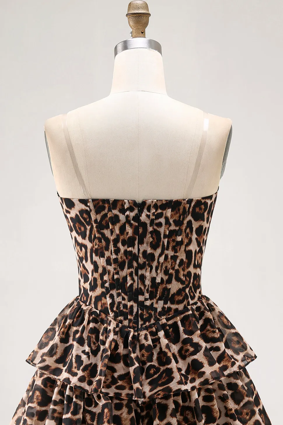 Brown Leopard A-Line Sweetheart Corset Tiered Ruffle Homecoming Vestido