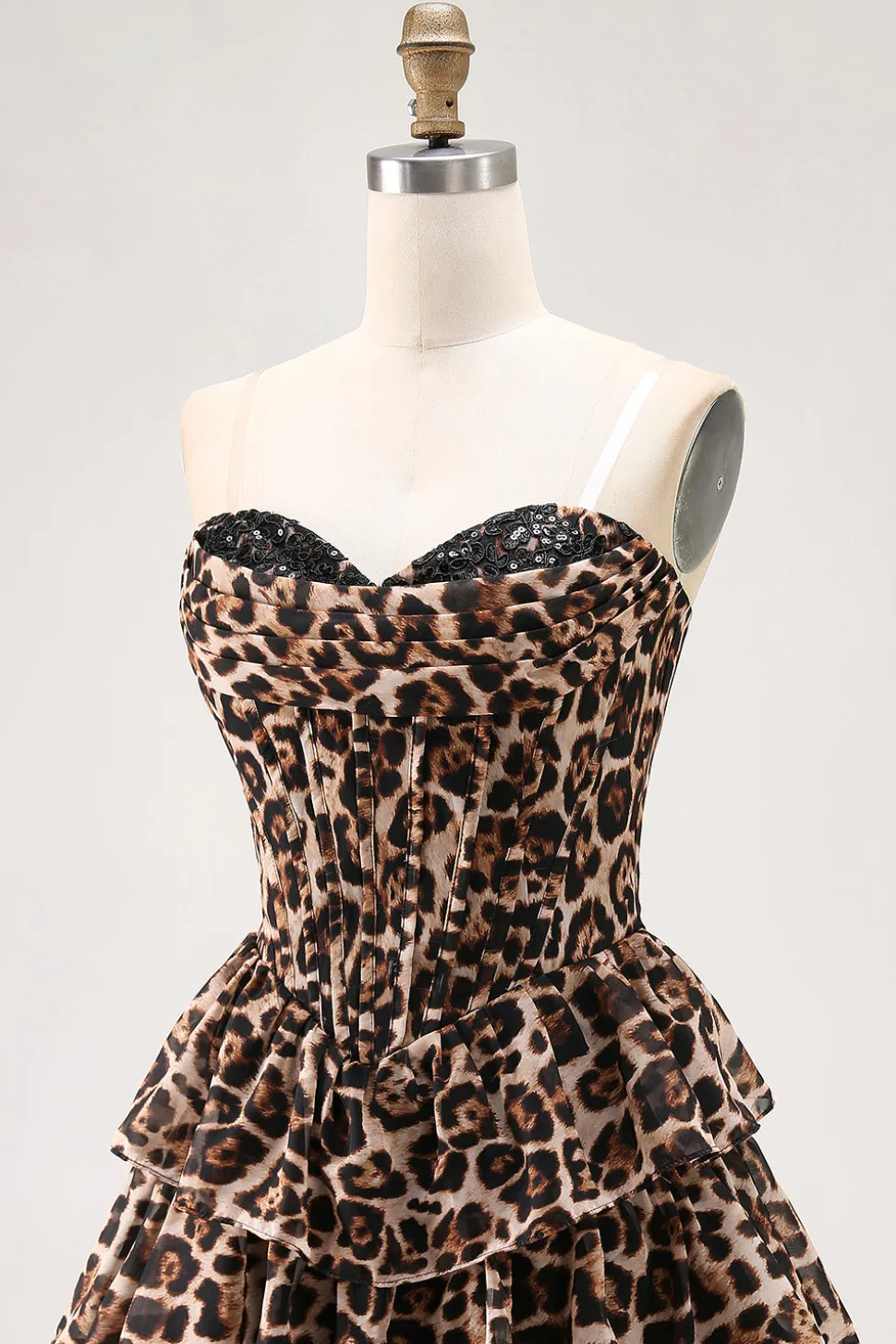 Brown Leopard A-Line Sweetheart Corset Tiered Ruffle Homecoming Vestido