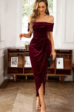 Brown Off the Shoulder Velvet Wrap Vestido Longo do Baile de Formatura