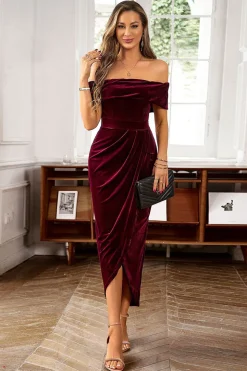 Brown Off the Shoulder Velvet Wrap Vestido Longo do Baile de Formatura