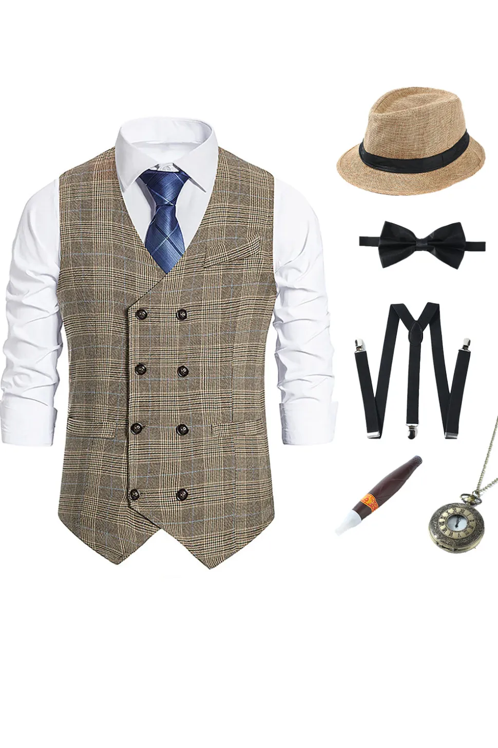 Brown Plaid Duplo Peito Masculino Vest com Acessórios set