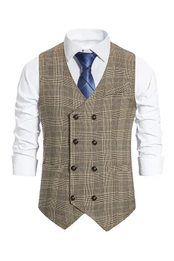Brown Plaid Duplo Peito Masculino Vest com Acessórios set