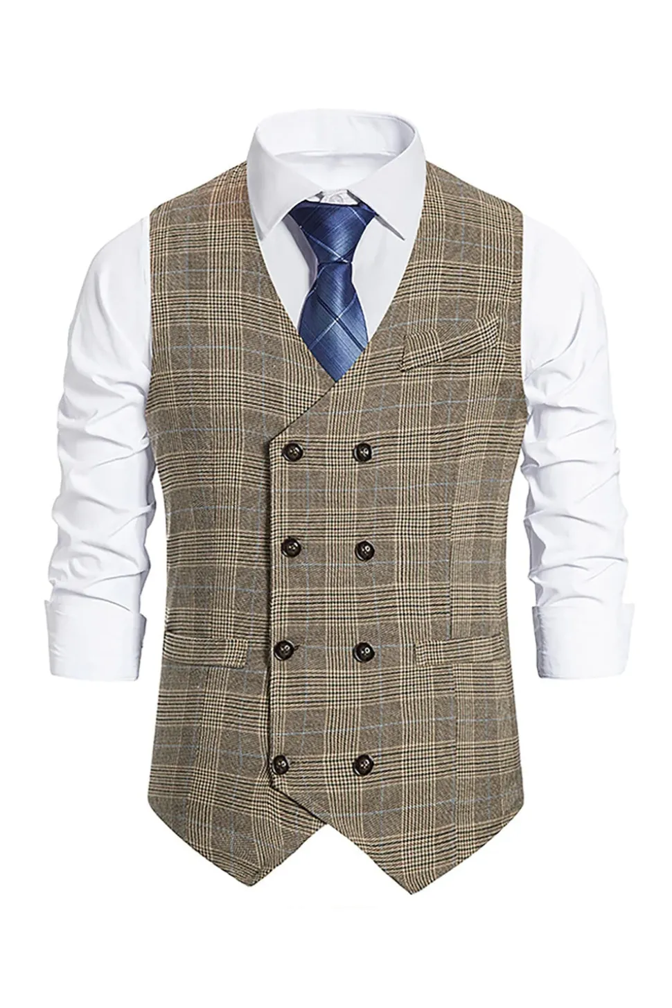Brown Plaid Duplo Peito Masculino Vest com Acessórios set