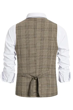 Brown Plaid Duplo Peito Masculino Vest com Acessórios set