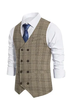 Brown Plaid Duplo Peito Masculino Vest com Acessórios set