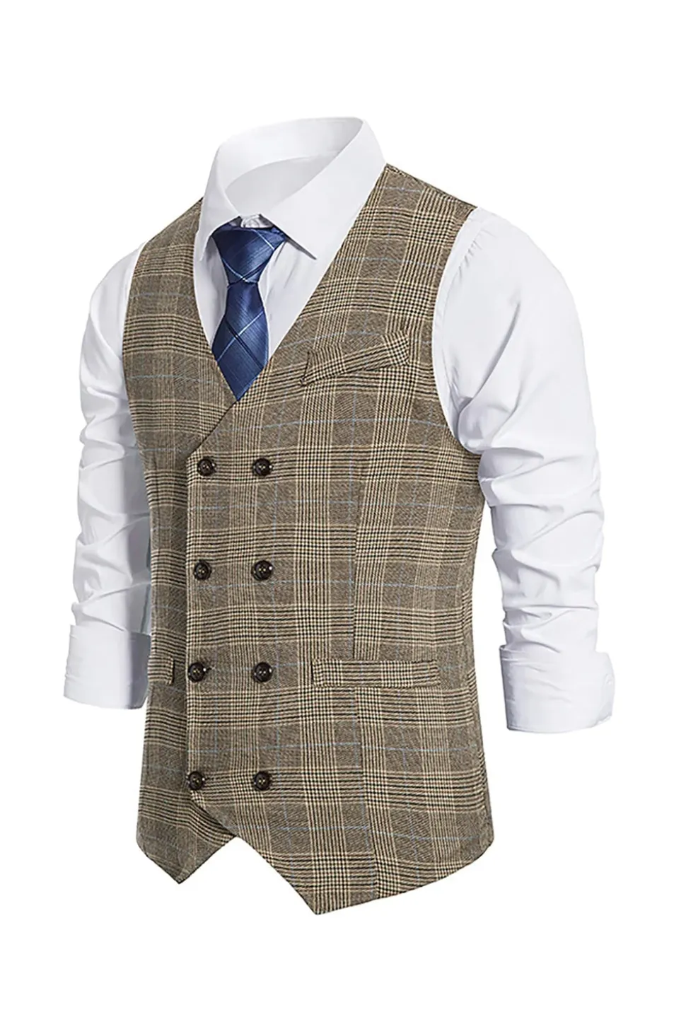 Brown Plaid Duplo Peito Masculino Vest com Acessórios set