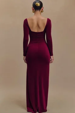 Burgundy Bainha Veludo Mangas Longas Vestido Formal com Fenda