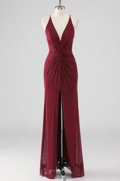 Burgundy Bainha V-Neck plissado frisado sem costas longo vestido formal com fenda