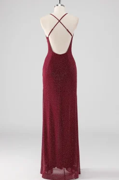 Burgundy Bainha V-Neck plissado frisado sem costas longo vestido formal com fenda