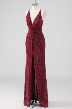 Burgundy Bainha V-Neck plissado frisado sem costas longo vestido formal com fenda