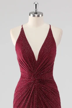 Burgundy Bainha V-Neck plissado frisado sem costas longo vestido formal com fenda