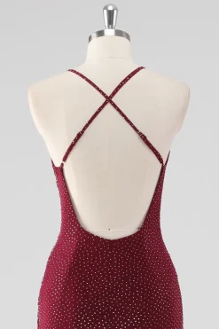 Burgundy Bainha V-Neck plissado frisado sem costas longo vestido formal com fenda