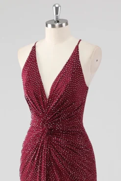Burgundy Bainha V-Neck plissado frisado sem costas longo vestido formal com fenda