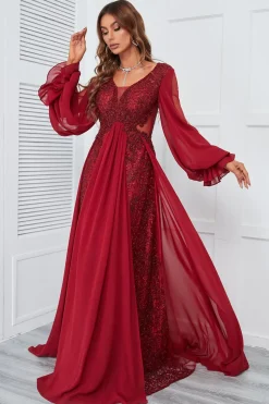 Burgundy Beaded Longo vestido de baile com renda