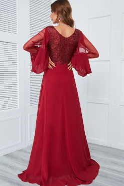 Burgundy Beaded Longo vestido de baile com renda