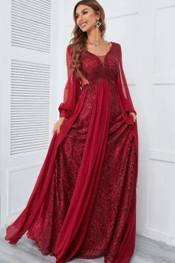 Burgundy Beaded Longo vestido de baile com renda