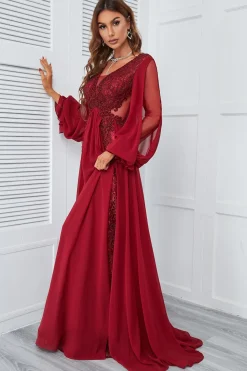 Burgundy Beaded Longo vestido de baile com renda
