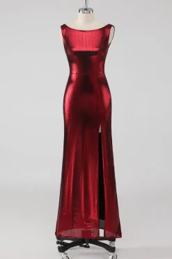Burgundy cetim pescoço redondo bainha vestido formal com fenda