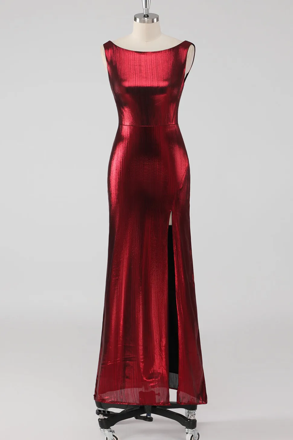 Burgundy cetim pescoço redondo bainha vestido formal com fenda