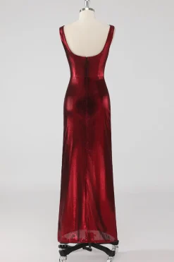 Burgundy cetim pescoço redondo bainha vestido formal com fenda