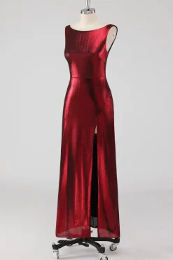 Burgundy cetim pescoço redondo bainha vestido formal com fenda