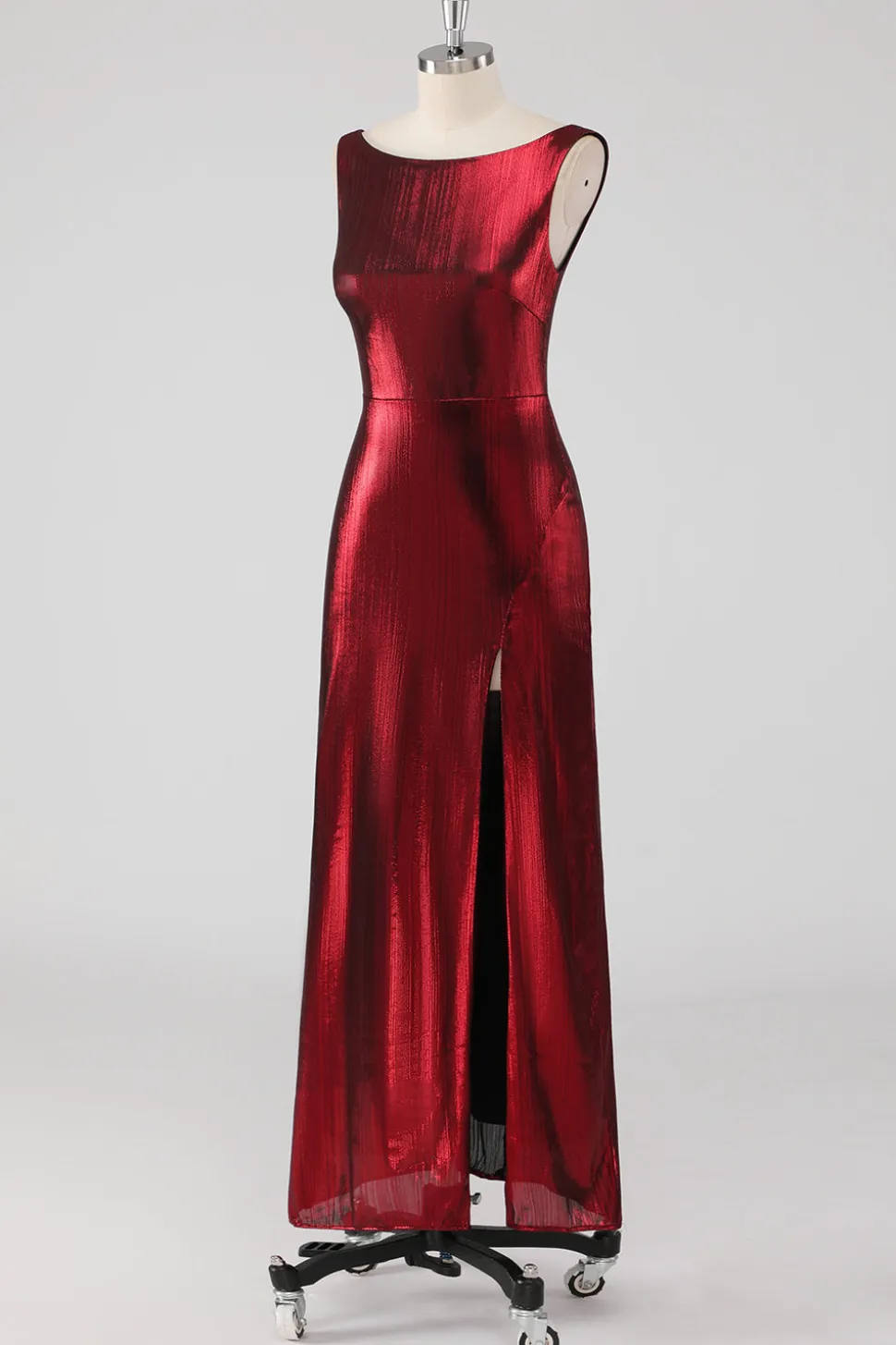 Burgundy cetim pescoço redondo bainha vestido formal com fenda