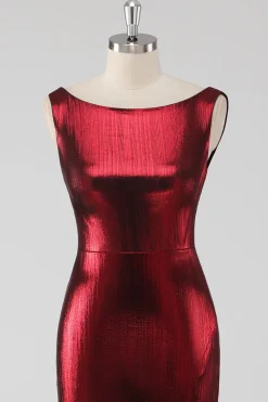 Burgundy cetim pescoço redondo bainha vestido formal com fenda