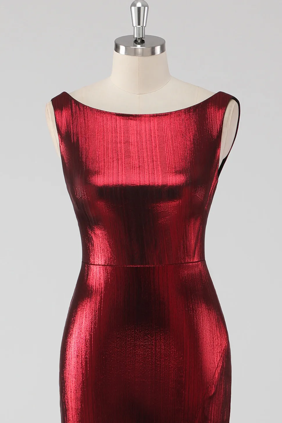 Burgundy cetim pescoço redondo bainha vestido formal com fenda