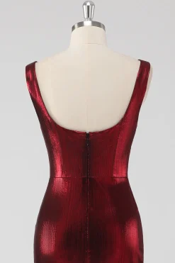 Burgundy cetim pescoço redondo bainha vestido formal com fenda