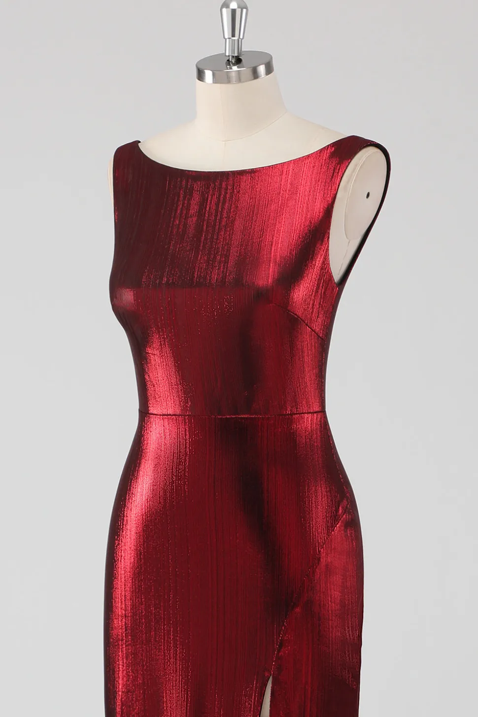 Burgundy cetim pescoço redondo bainha vestido formal com fenda