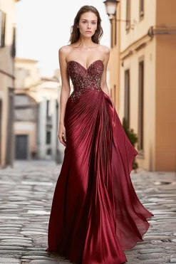 Burgundy cetim querida vestido de baile com bordado