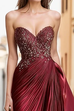 Burgundy cetim querida vestido de baile com bordado