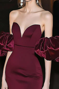 Burgundy Satin Sereia Vestido de Gala com mangas puff