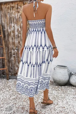 Cabeçada Floral Azul Branco Linha-A Vestido Verão com Fenda