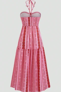 Cabeçada Floral Azul Branco Linha-A Vestido Verão com Fenda