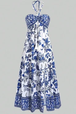 Cabeçada Floral Azul Branco Linha-A Vestido Verão com Fenda