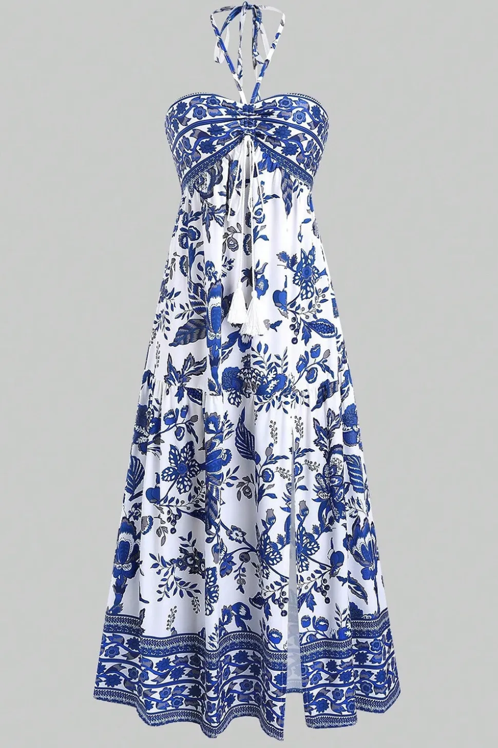Cabeçada Floral Azul Branco Linha-A Vestido Verão com Fenda