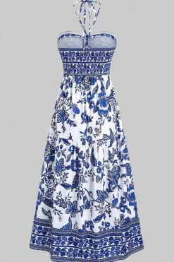 Cabeçada Floral Azul Branco Linha-A Vestido Verão com Fenda