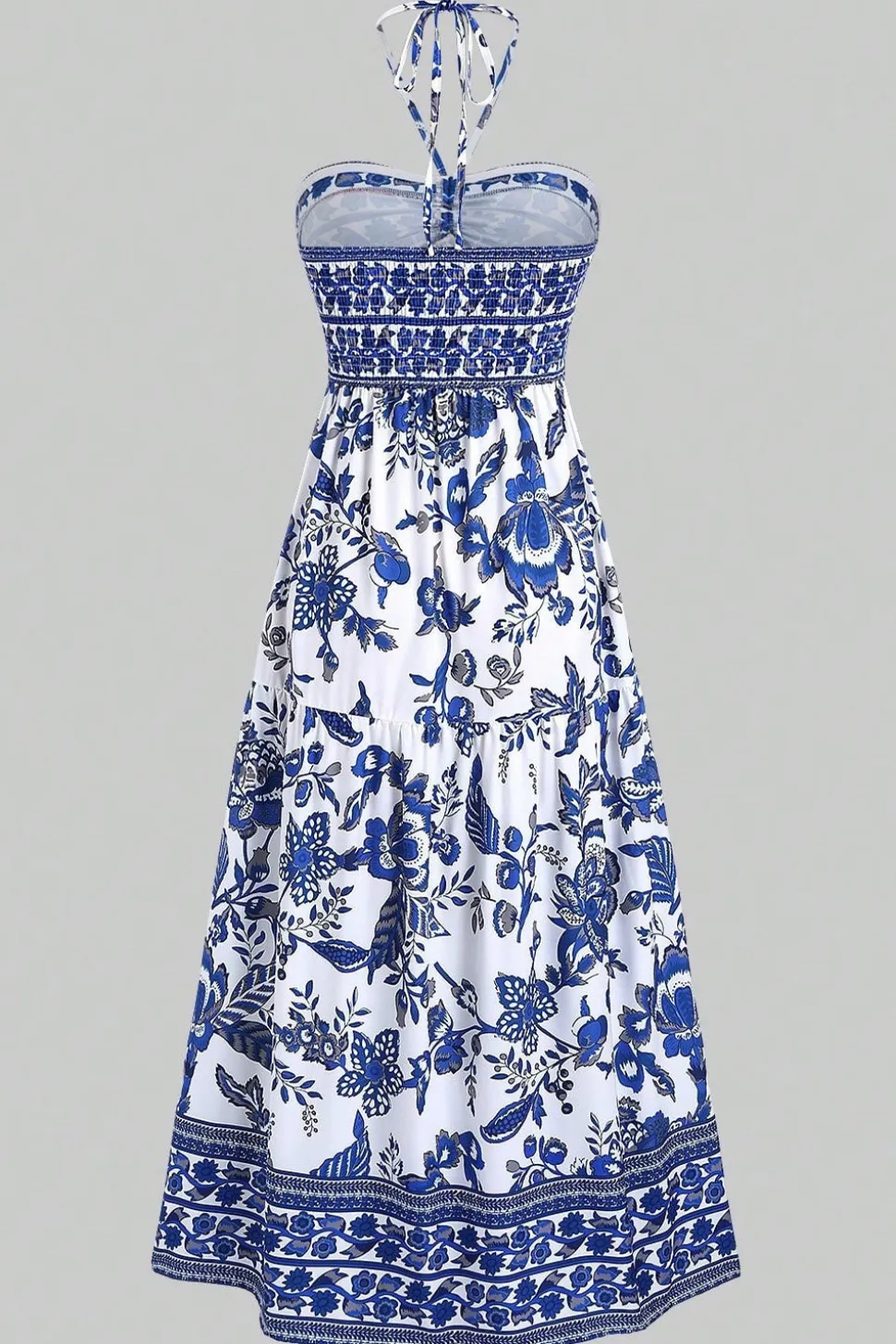 Cabeçada Floral Azul Branco Linha-A Vestido Verão com Fenda